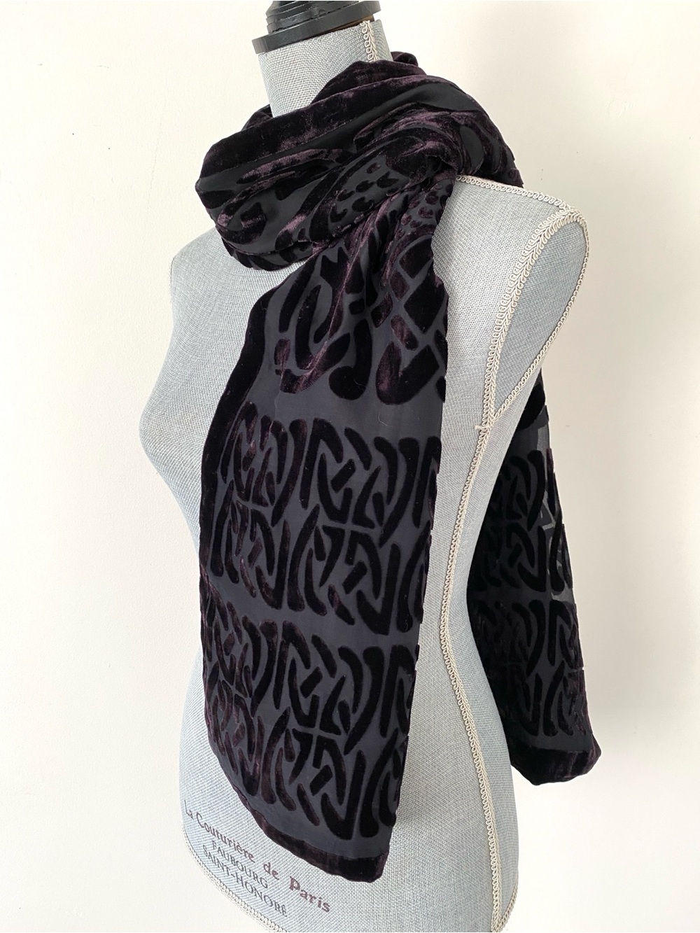 Silk Velvet Burnout Wrap Scarf Deep Plum 9.5 x 68 Luxury Dark Romantic Chic Gorh